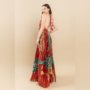 107. Callie Pleated Floral Print Halter Maxi Dress in Burgundy